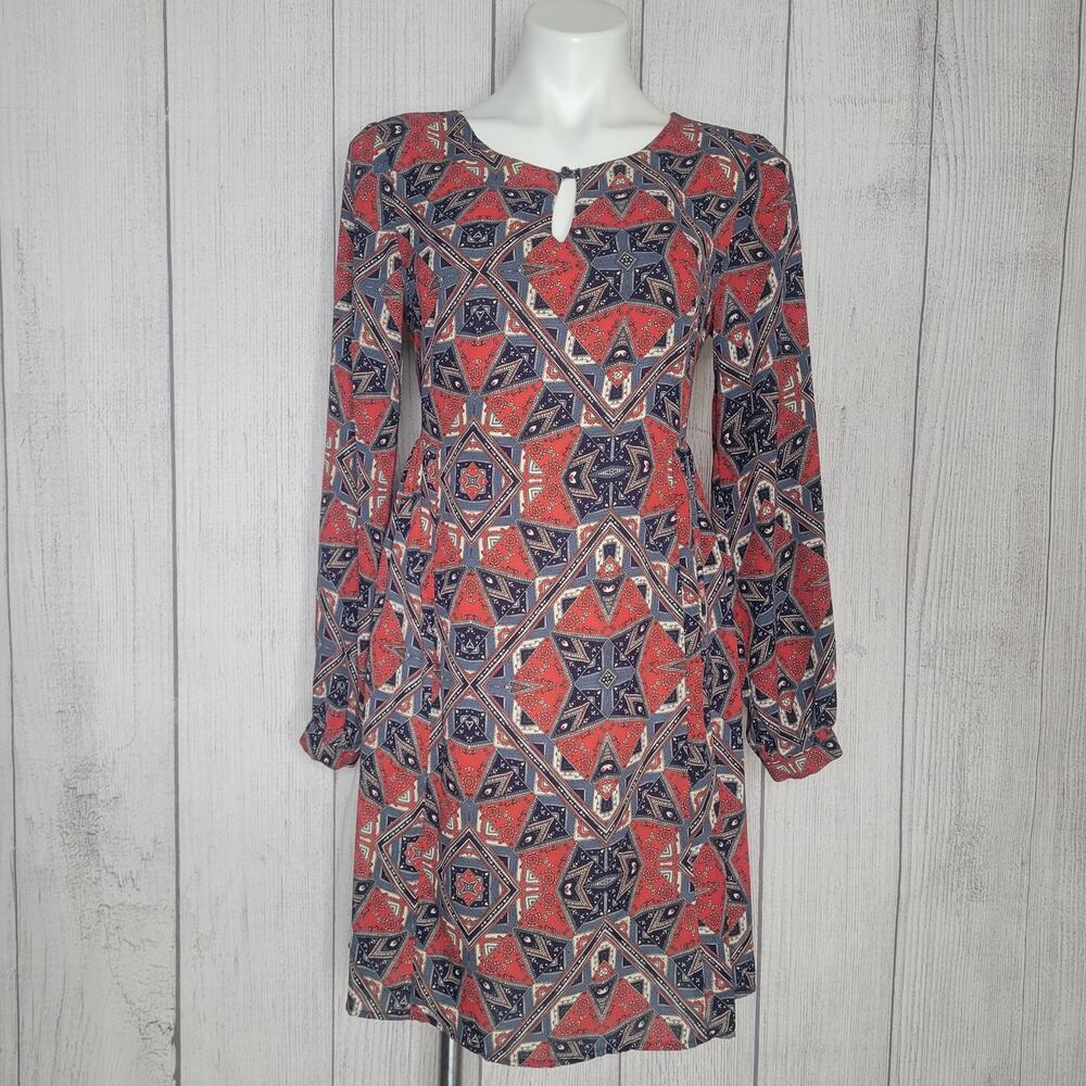 Paper Crown Anthropologie Ruched Blue Red Long Sleeve Midi Dress Womens S